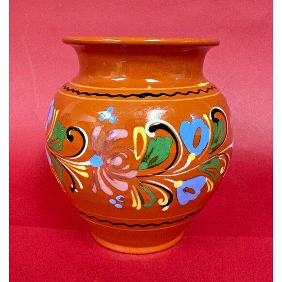 Vintage HUNGARIAN Redware FOLK ART Pottery Vase 6" Good Condition - Picture 1 of 11